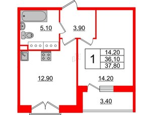 Квартира в ЖК Квартал Che, 1 комнатная, 37.8 м², 5 этаж