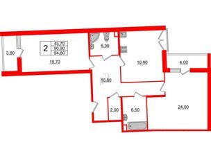 Квартира в ЖК Квартал Che, 2 комнатная, 96.4 м², 2 этаж