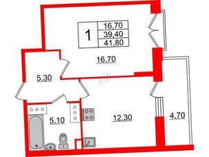 Квартира в ЖК Квартал Che, 1 комнатная, 41.9 м², 4 этаж