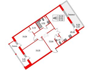 Квартира в ЖК Ariosto!, 2 комнатная, 91.33 м², 12 этаж