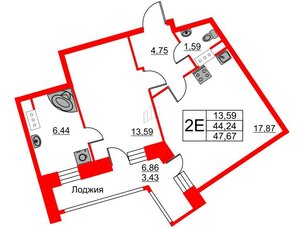 Квартира в ЖК Ariosto!, 1 комнатная, 47.67 м², 12 этаж