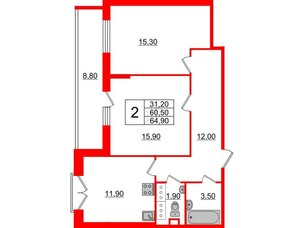 Квартира в ЖК Квартал Che, 2 комнатная, 66.7 м², 4 этаж