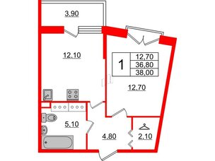 Квартира в ЖК Квартал Che, 1 комнатная, 38.3 м², 5 этаж