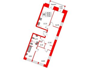 Квартира в ЖК Ariosto!, 2 комнатная, 77.63 м², 3 этаж