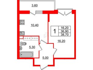 Квартира в ЖК Квартал Che, 1 комнатная, 39.5 м², 4 этаж