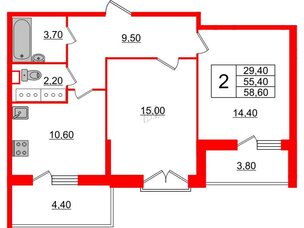 Квартира в ЖК Квартал Che, 2 комнатная, 59.6 м², 9 этаж