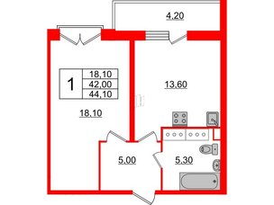 Квартира в ЖК Квартал Che, 1 комнатная, 44.7 м², 2 этаж