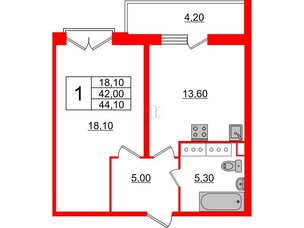 Квартира в ЖК Квартал Che, 1 комнатная, 44.6 м², 3 этаж