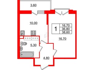 Квартира в ЖК Квартал Che, 1 комнатная, 39.3 м², 2 этаж