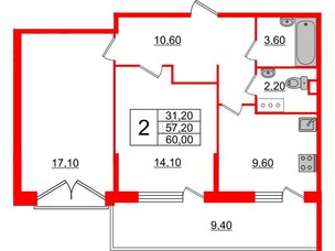 Квартира в ЖК Квартал Che, 2 комнатная, 61.1 м², 4 этаж