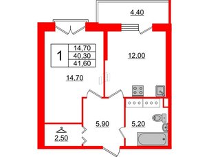 Квартира в ЖК Квартал Che, 1 комнатная, 41.7 м², 3 этаж