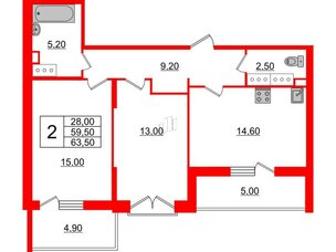 Квартира в ЖК Квартал Che, 2 комнатная, 65.5 м², 7 этаж