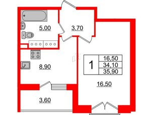 Квартира в ЖК Квартал Che, 1 комнатная, 36.3 м², 4 этаж