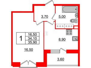 Квартира в ЖК Квартал Che, 1 комнатная, 35.9 м², 4 этаж