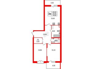 Квартира в ЖК Квартал Che, 2 комнатная, 80.4 м², 7 этаж