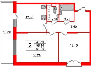 Квартира в ЖК Квартал Che, 2 комнатная, 61.2 м², 4 этаж