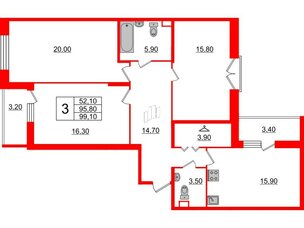Квартира в ЖК Квартал Che, 3 комнатная, 101.4 м², 2 этаж