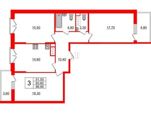 Квартира в ЖК Квартал Che, 3 комнатная, 88.4 м², 4 этаж