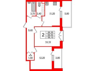 Квартира в ЖК Квартал Che, 2 комнатная, 58.1 м², 9 этаж