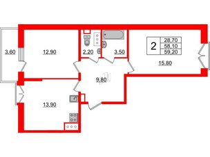 Квартира в ЖК Квартал Che, 2 комнатная, 60.1 м², 4 этаж