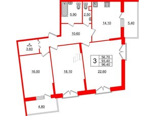 Квартира в ЖК Квартал Che, 3 комнатная, 97.7 м², 2 этаж