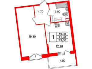 Квартира в ЖК Квартал Che, 1 комнатная, 43.3 м², 7 этаж