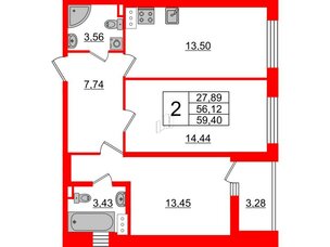 Квартира в ЖК «Черная Речка», 2 комнатная, 56.2 м², 13 этаж