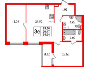 Квартира в ЖК «Черная Речка», 2 комнатная, 62.2 м², 14 этаж