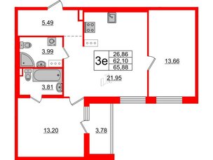 Квартира в ЖК «Черная Речка», 2 комнатная, 61.4 м², 11 этаж