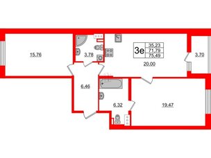 Квартира в ЖК «Черная Речка», 2 комнатная, 71.79 м², 13 этаж