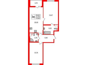 Квартира в ЖК «Черная Речка», 2 комнатная, 72.5 м², 10 этаж