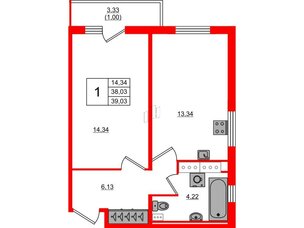 Квартира в ЖК Лампо, 1 комнатная, 38.1 м², 10 этаж