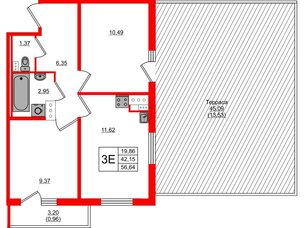 Квартира в ЖК Лампо, 2 комнатная, 42.4 м², 3 этаж