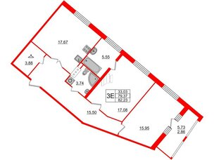 Квартира в ЖК Модум, 2 комнатная, 82.23 м², 3 этаж