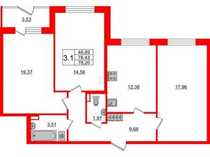 Квартира в ЖК Зеленый квартал на Пулковских высотах, 3 комнатная, 75.8 м², 1 этаж