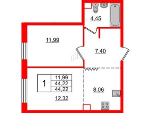Квартира в ЖК Альтер, 1 комнатная, 44.22 м², 11 этаж