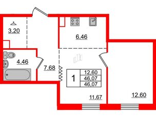 Квартира в ЖК Альтер, 1 комнатная, 46.07 м², 3 этаж
