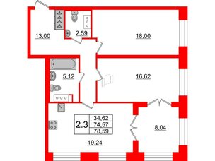 Квартира в ЖК GRAND VIEW, 2 комнатная, 74.57 м², 4 этаж