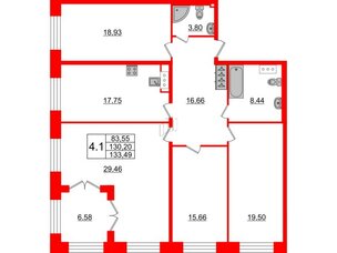 Квартира в ЖК GRAND VIEW, 4 комнатная, 129.7 м², 2 этаж
