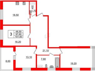 Квартира в ЖК 'Московские ворота 2', 3 комнатная, 103.1 м², 14 этаж