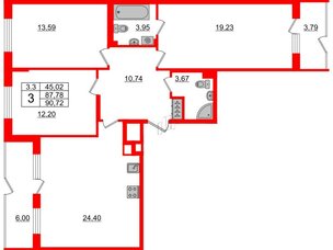 Квартира в ЖК Зеленый квартал на Пулковских высотах, 3 комнатная, 85.5 м², 1 этаж