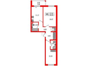 Квартира в ЖК «Новое Горелово», 2 комнатная, 58.9 м², 1 этаж