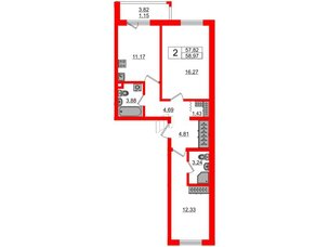Квартира в ЖК «Новое Горелово», 2 комнатная, 58.97 м², 5 этаж