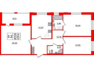 Квартира в ЖК Панорама парк Сосновка, 3 комнатная, 91.84 м², 3 этаж