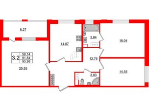 Квартира в ЖК Панорама парк Сосновка, 3 комнатная, 90.5 м², 10 этаж