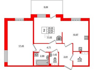 Квартира в ЖК «Юттери», 2 комнатная, 54.1 м², 5 этаж