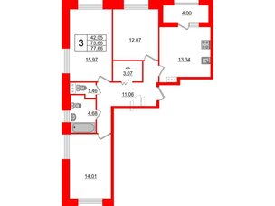 Квартира в ЖК 'Терра', 3 комнатная, 77.66 м², 10 этаж
