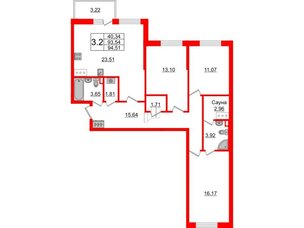 Квартира в ЖК «Солнечный город», 3 комнатная, 92.2 м², 7 этаж