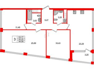 Квартира в ЖК Golden City, 3 комнатная, 94.88 м², 13 этаж
