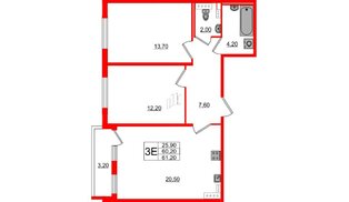 Квартира в ЖК «Новое Сертолово», 2 комнатная, 60.2 м², 4 этаж